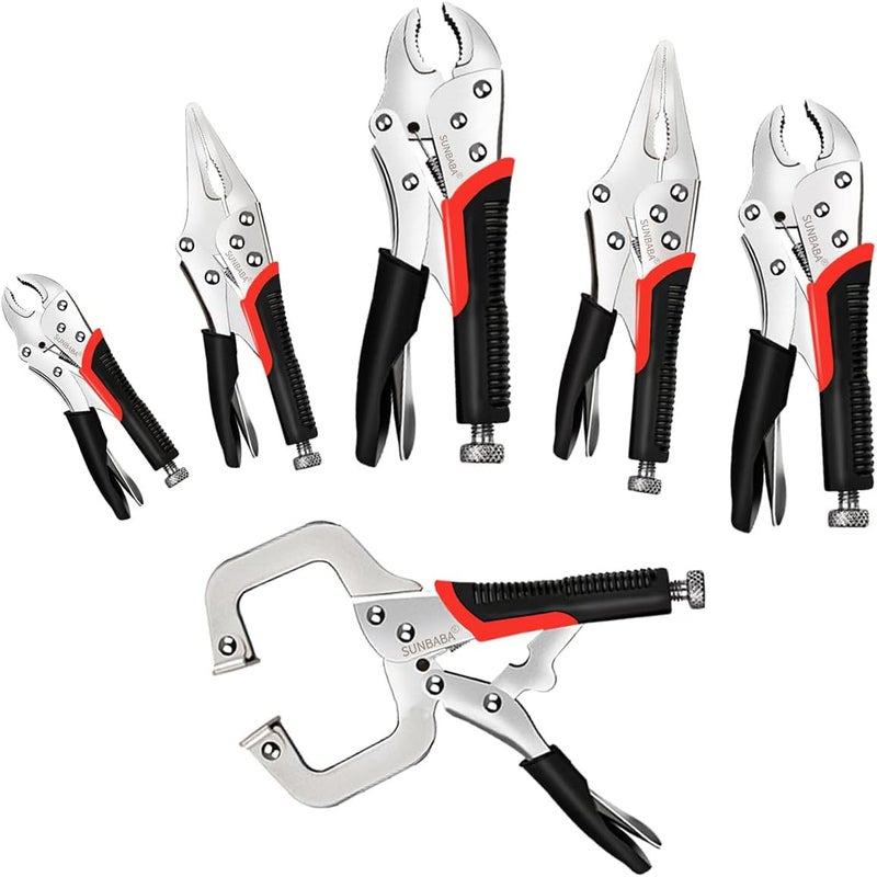 Sunbaba Locking Pliers Set, 6-Piece Vice Grips Pliers Set Long Nose 6-1/2”, 9-1/2” Curved Jaw 5” 7” 10” C-Clamp 6” Adjustable Screw - Image 1